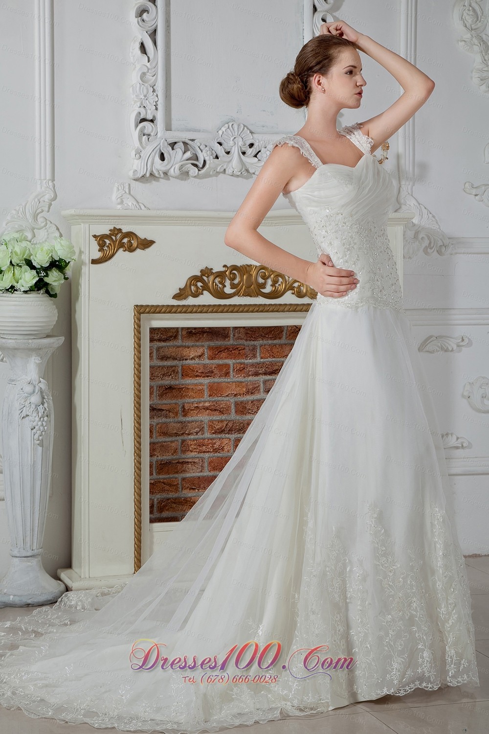 Empire Straps Appliques Lace Wedding Gowns Tulle Winter