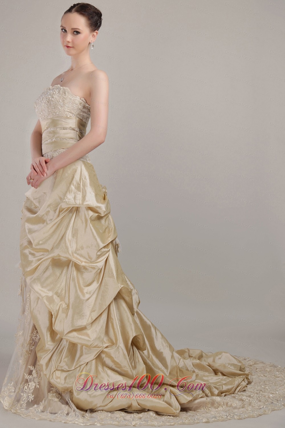 Champagne Princess Wedding Gowns Pleated Court Train Taffeta