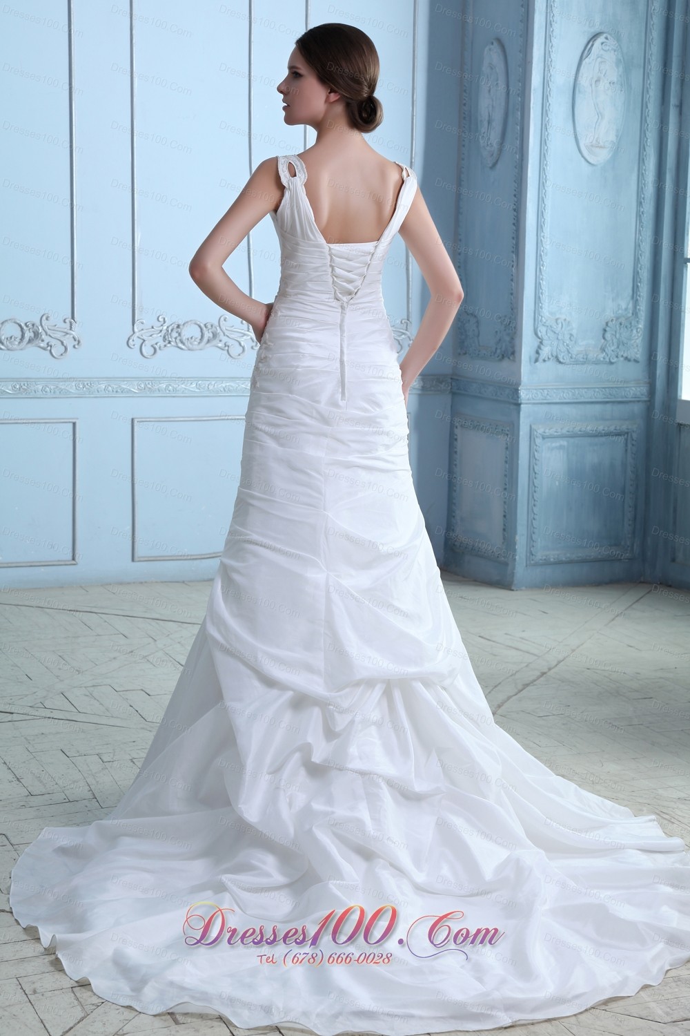 V-neck Ruch Appliques Bridal Dress Taffeta Spring