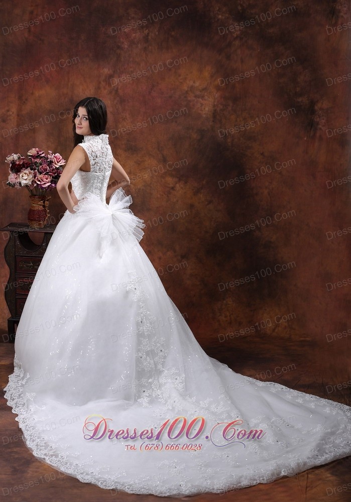 High Neckline Lace Bridal Gowns Chapel Train Lace Skirt