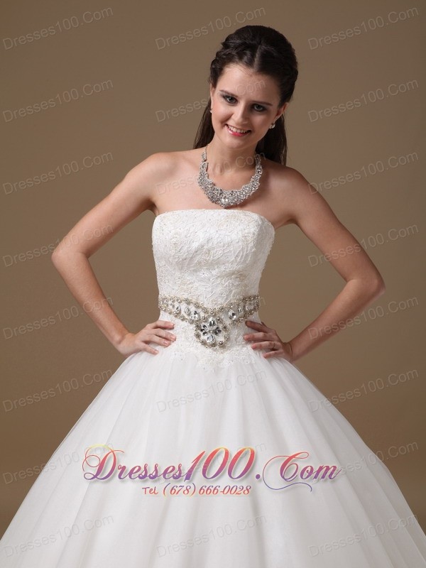 White Beaded Belt Lace Bridal Dress Ball Gown Strapless
