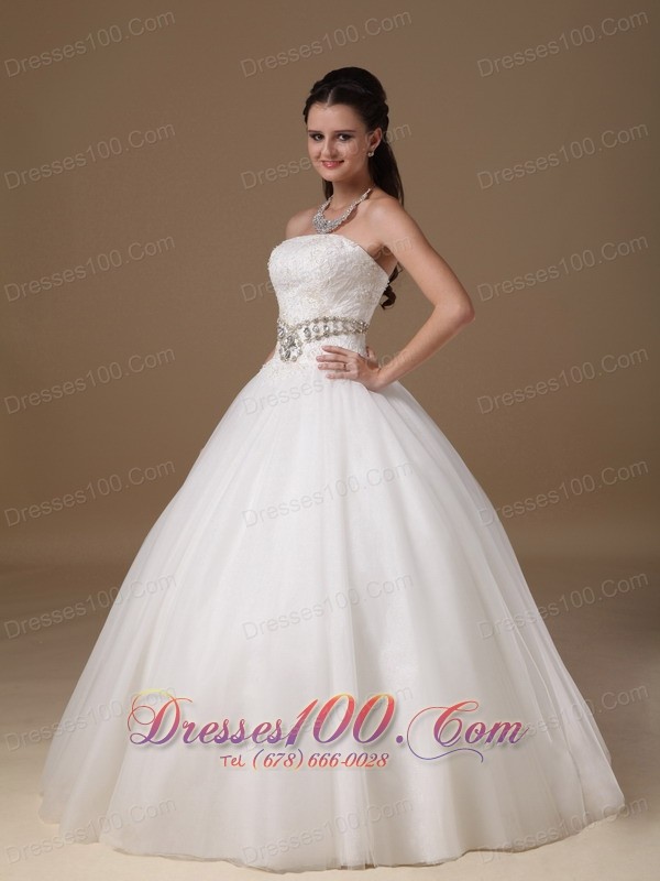 White Beaded Belt Lace Bridal Dress Ball Gown Strapless
