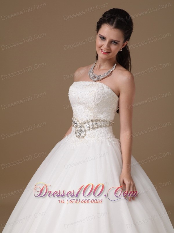 White Beaded Belt Lace Bridal Dress Ball Gown Strapless
