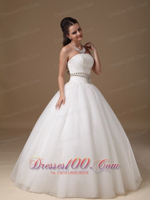 White Beaded Belt Lace Bridal Dress Ball Gown Strapless