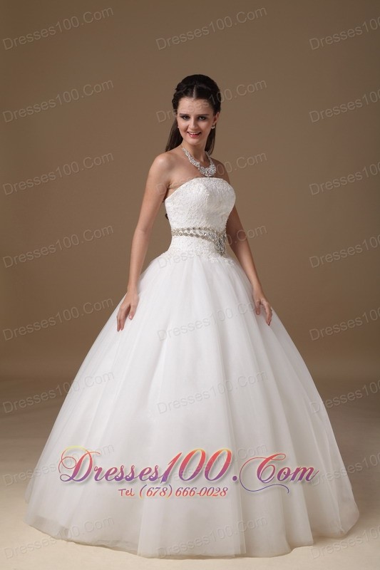 White Beaded Belt Lace Bridal Dress Ball Gown Strapless