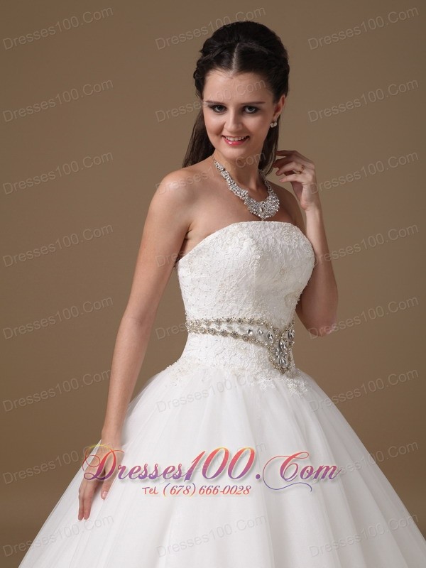 White Beaded Belt Lace Bridal Dress Ball Gown Strapless