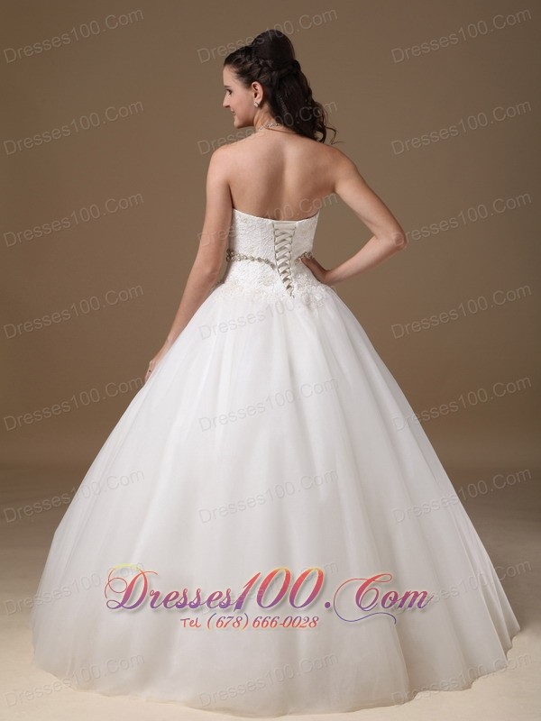 White Beaded Belt Lace Bridal Dress Ball Gown Strapless