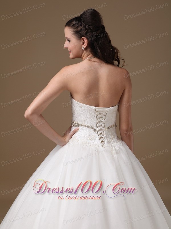 White Beaded Belt Lace Bridal Dress Ball Gown Strapless