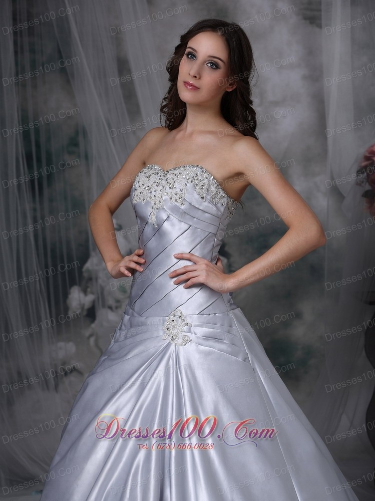 Silver Themed Wedding Dress Strapless Ruch Court Train