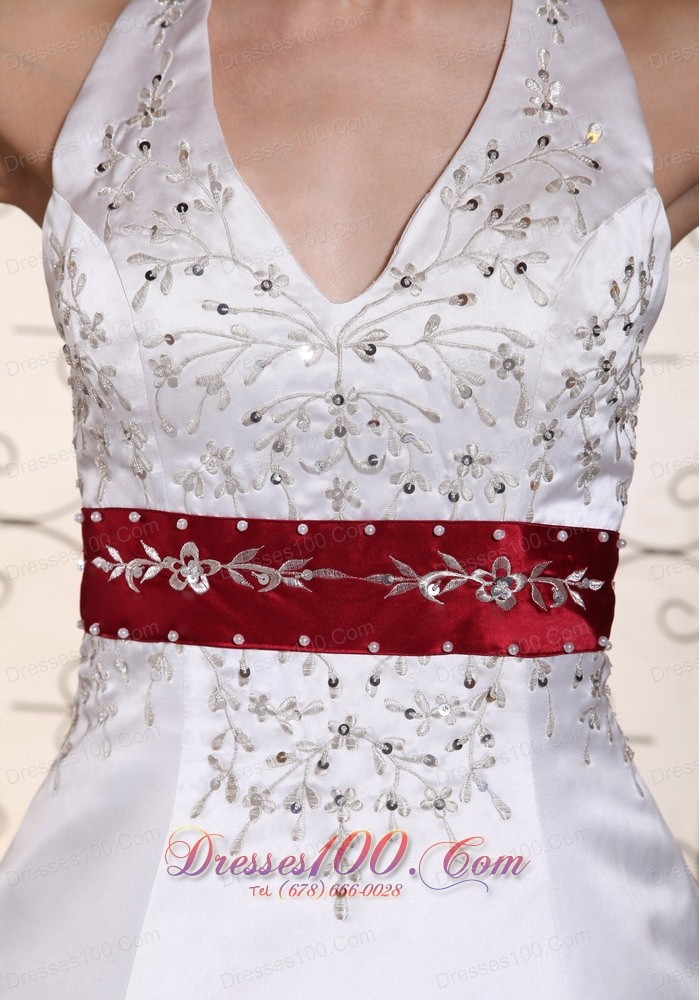 Halter Embroidery Modest Wedding Dress Colored Buttons