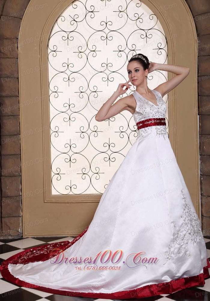 Halter Embroidery Modest Wedding Dress Colored Buttons