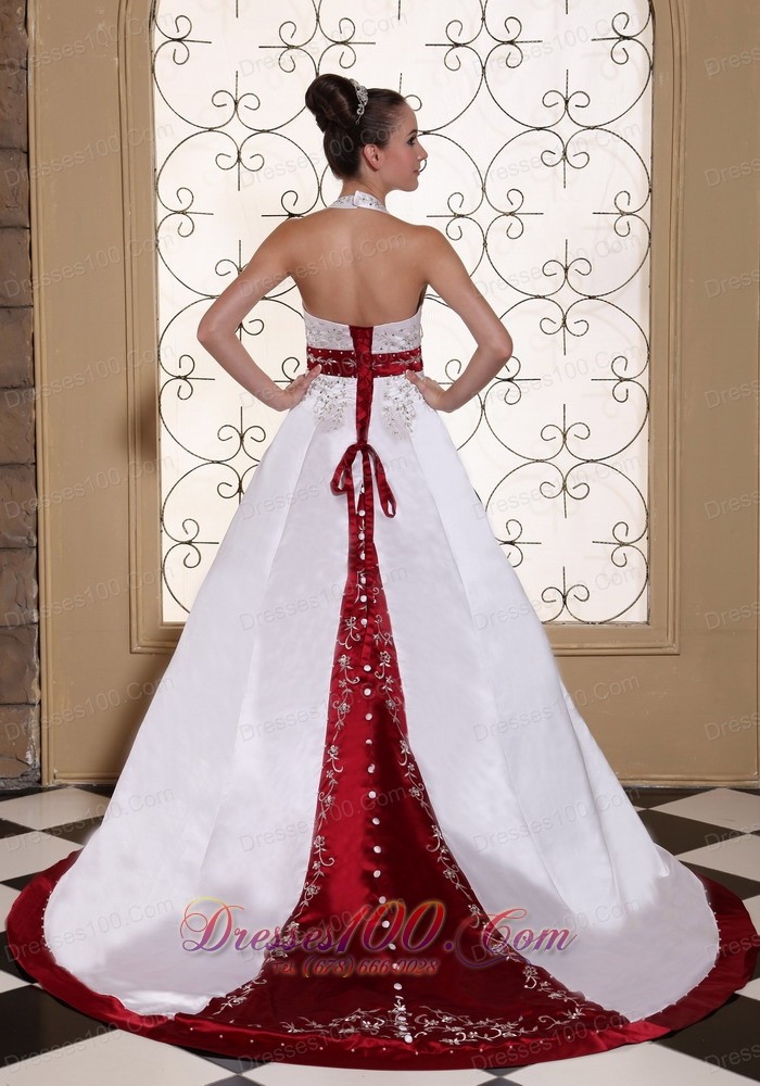 Halter Embroidery Modest Wedding Dress Colored Buttons