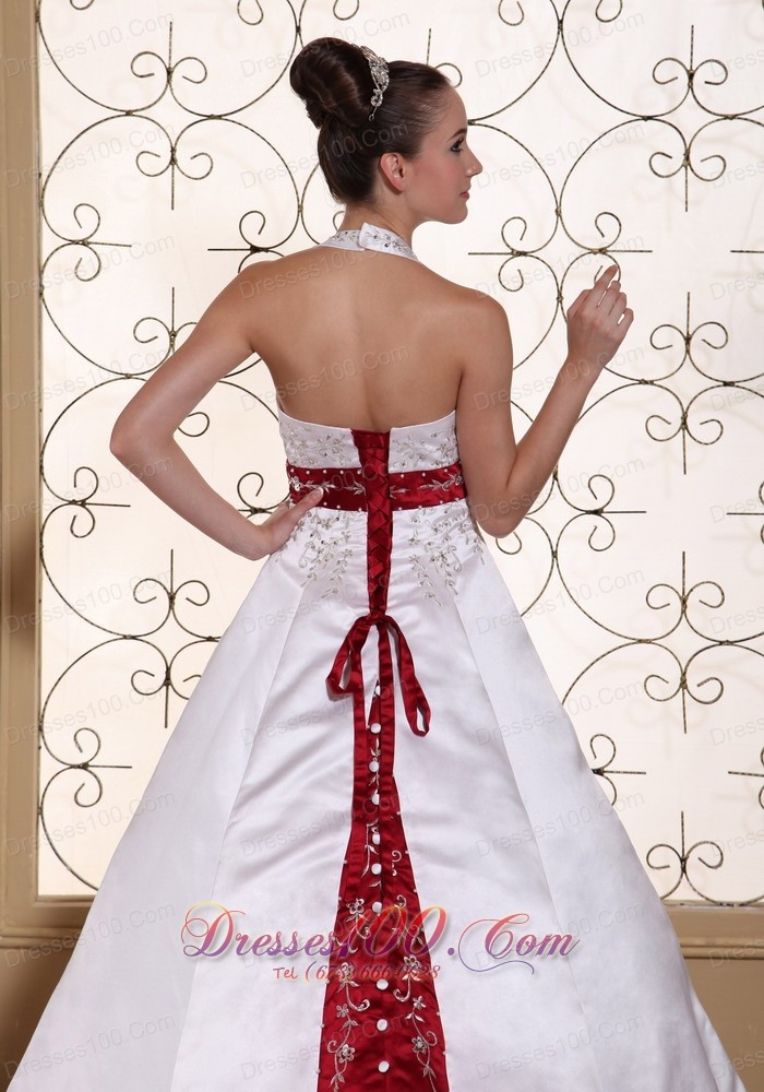 Halter Embroidery Modest Wedding Dress Colored Buttons