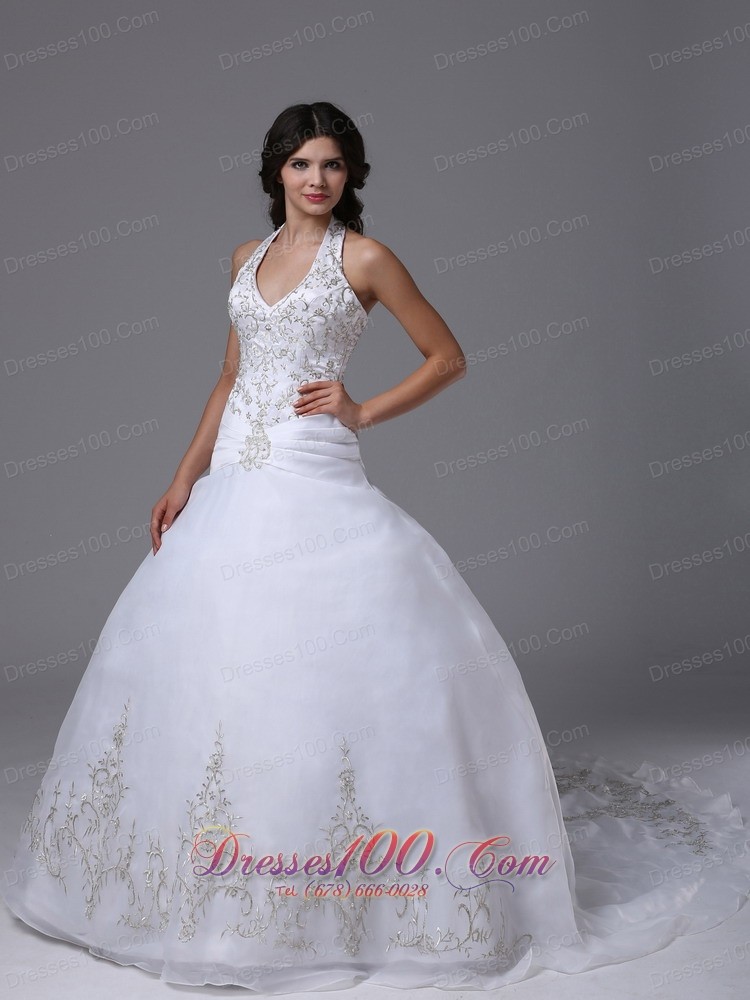 Halter Ball Gown Embroidery Brush Wedding Gowns