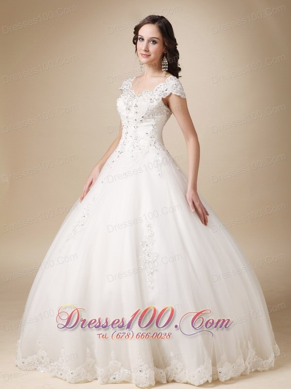 V-neck Ball Gown White Beading Wedding Dress