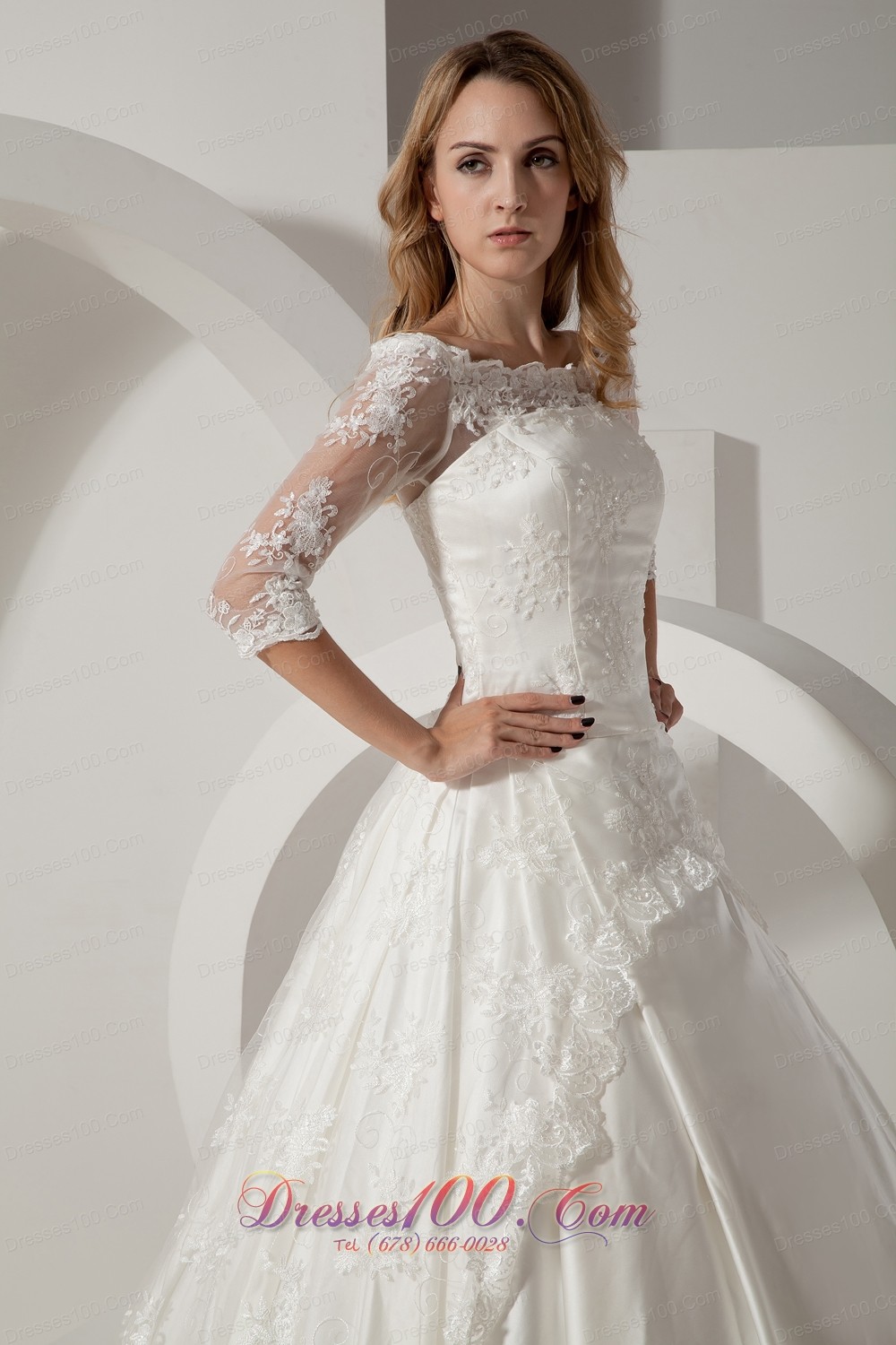 Chapel Train Lace Wedding Dress With Half Sleeves