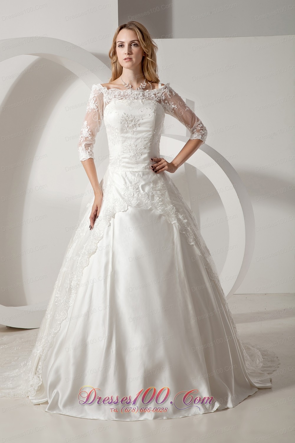 Chapel Train Lace Wedding Dress With Half Sleeves