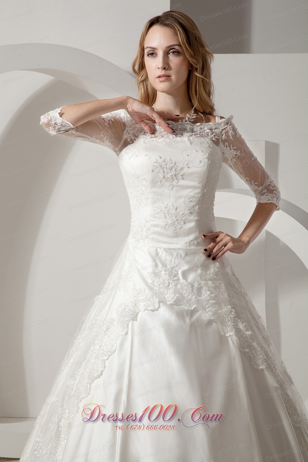 Chapel Train Lace Wedding Dress With Half Sleeves