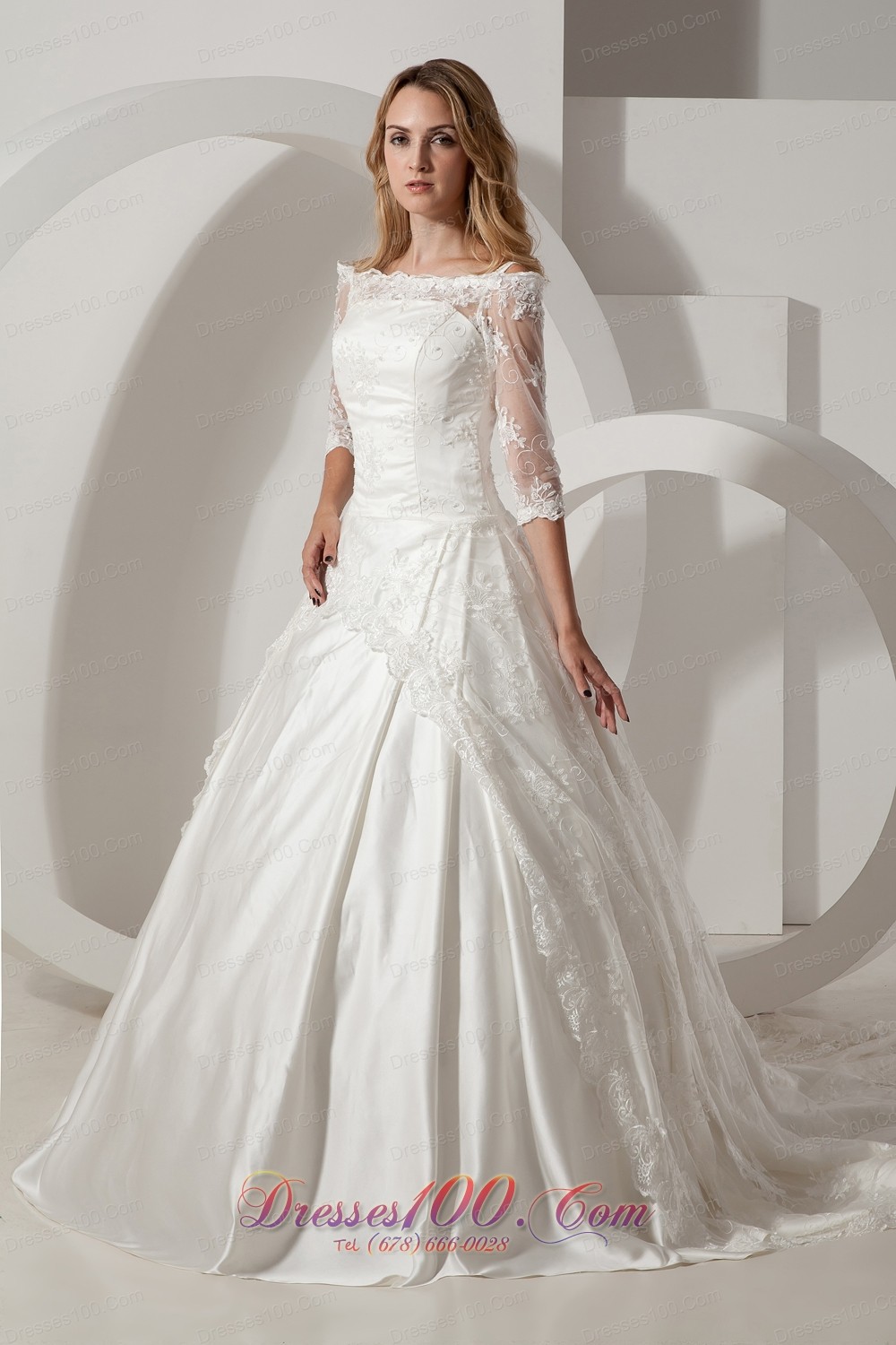 Chapel Train Lace Wedding Dress With Half Sleeves