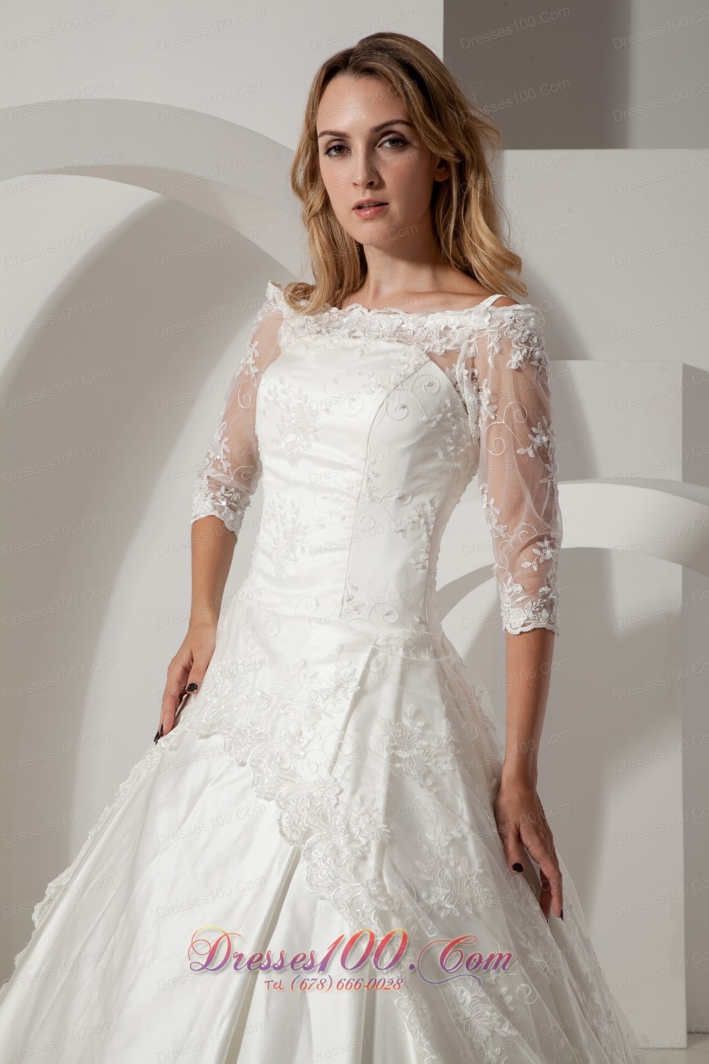 Chapel Train Lace Wedding Dress With Half Sleeves