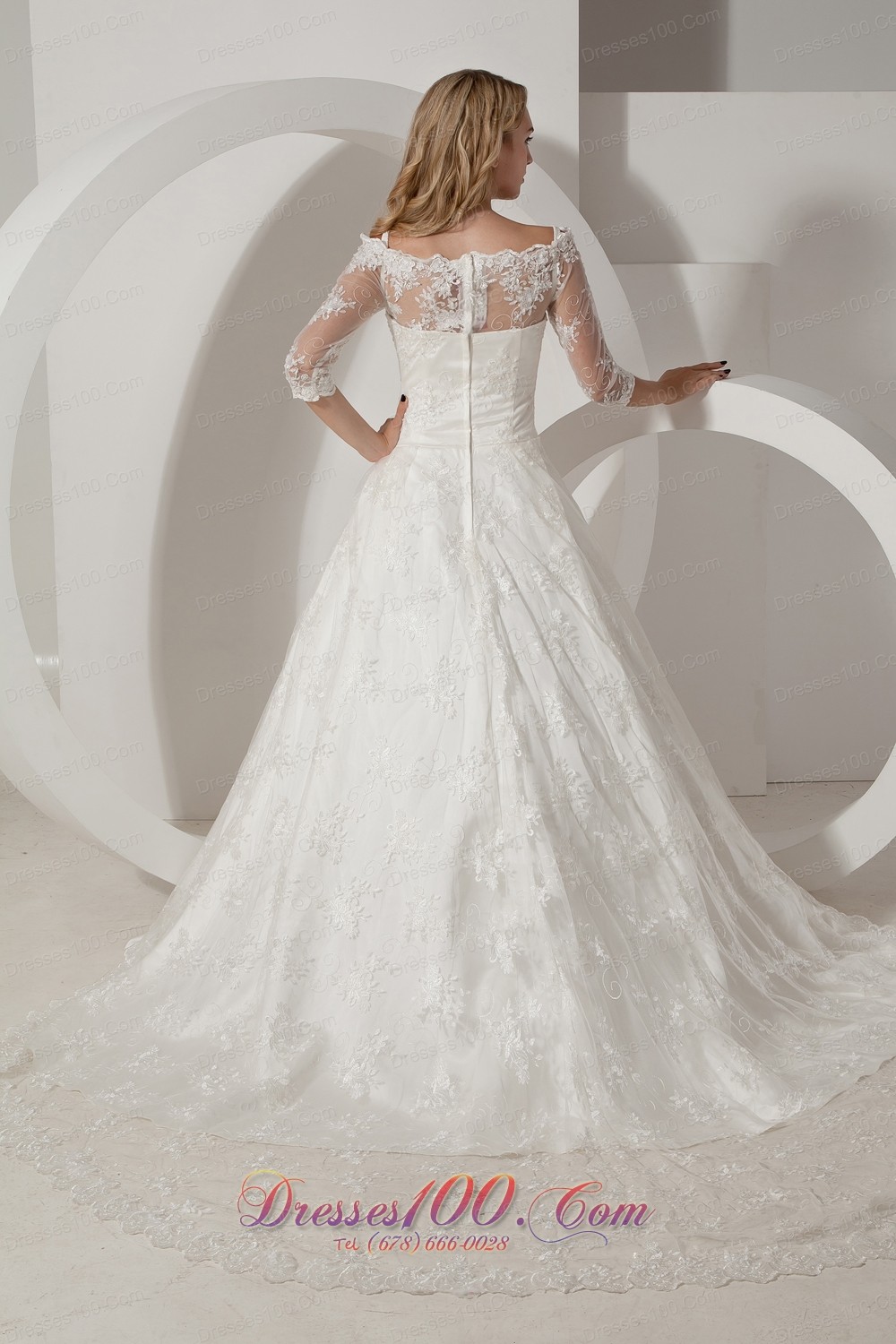 Chapel Train Lace Wedding Dress With Half Sleeves