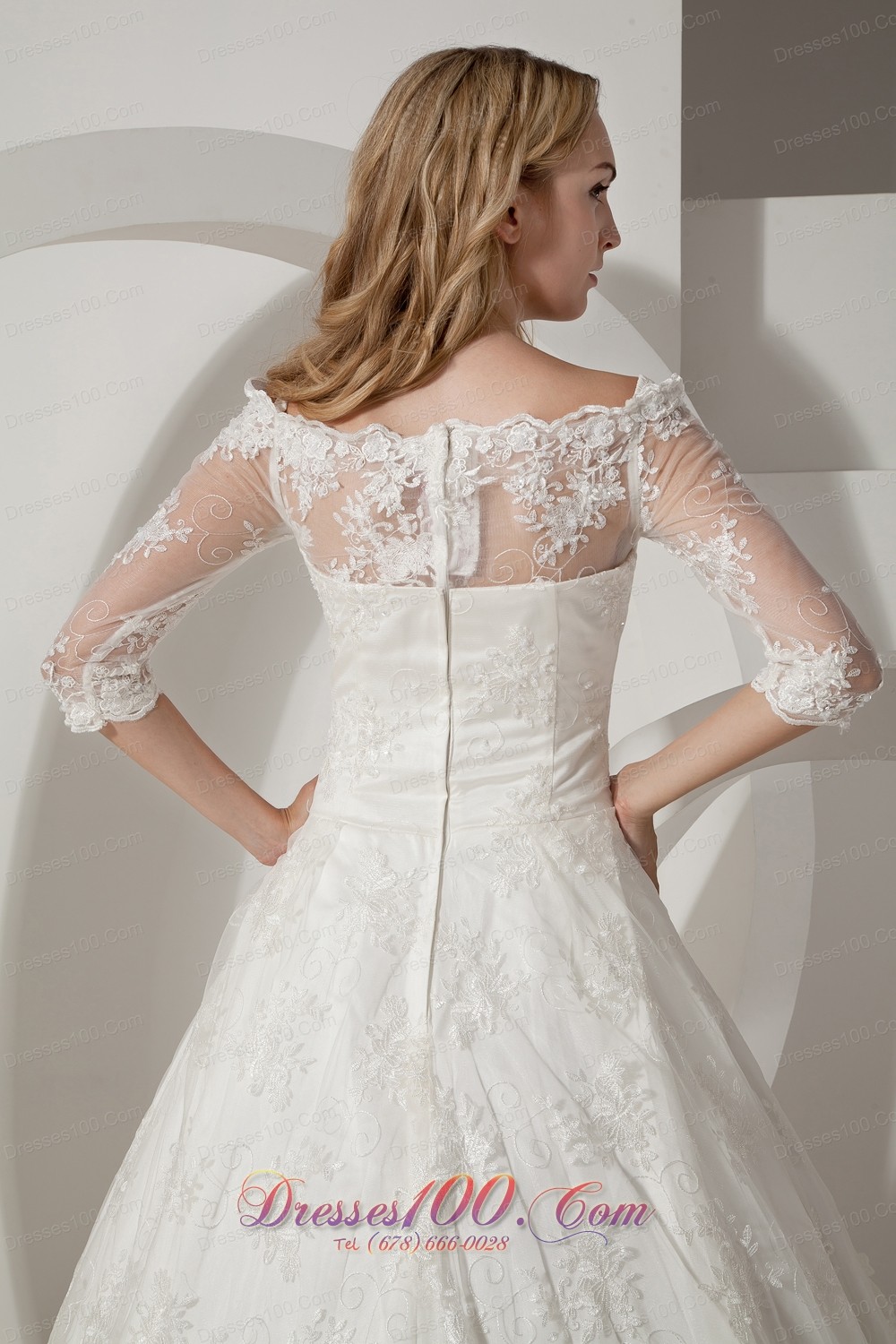 Chapel Train Lace Wedding Dress With Half Sleeves