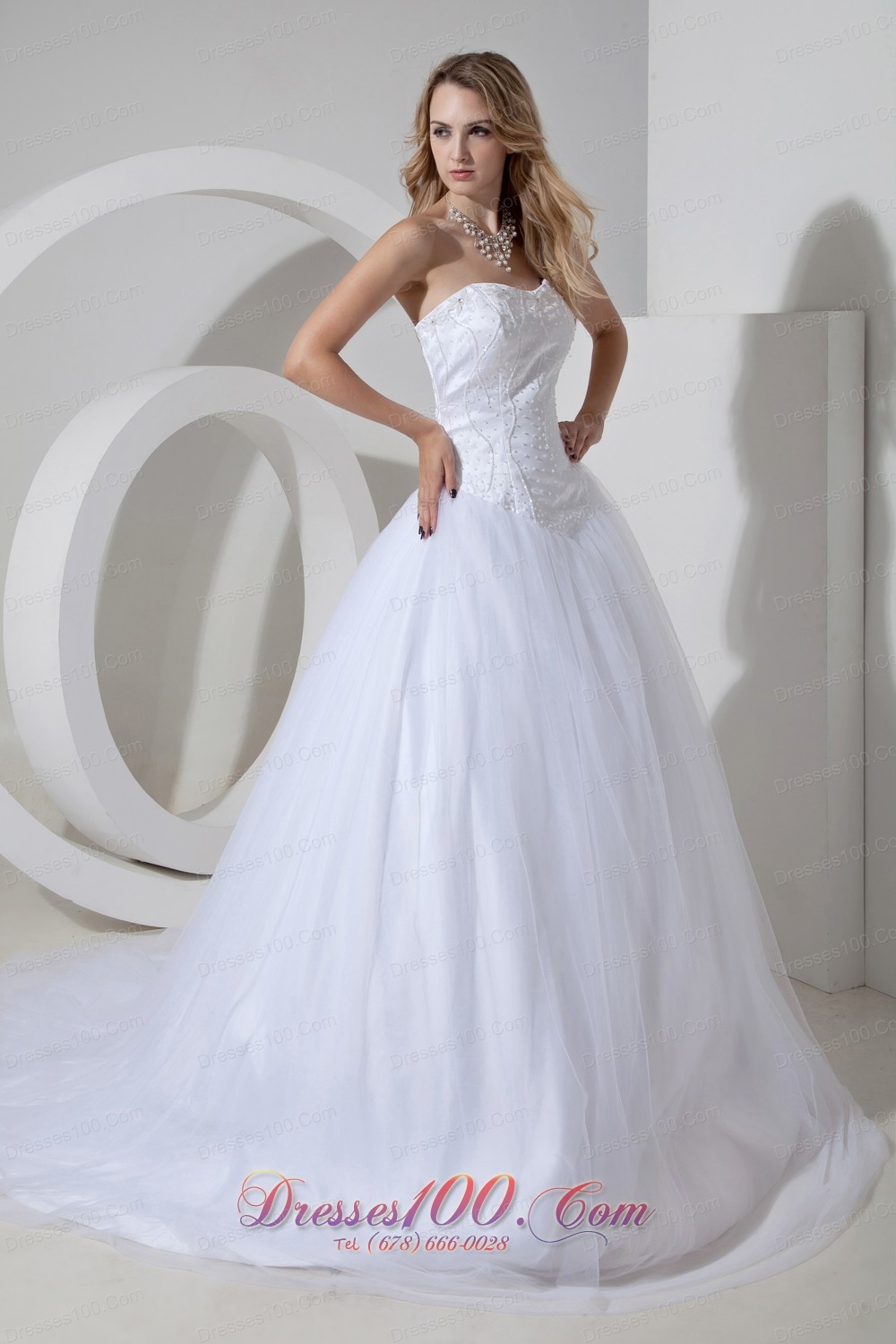 Beading Court Train Strapless Tulle Wedding Dress