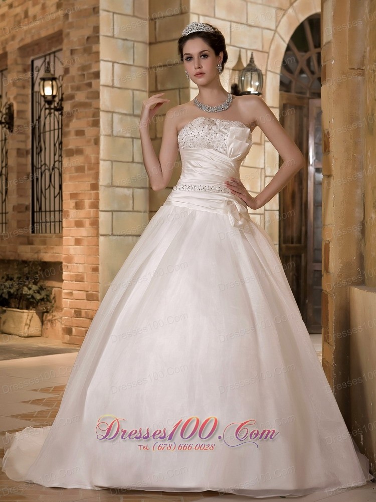 Sweep Train Beading Organza Ruch Wedding Dress