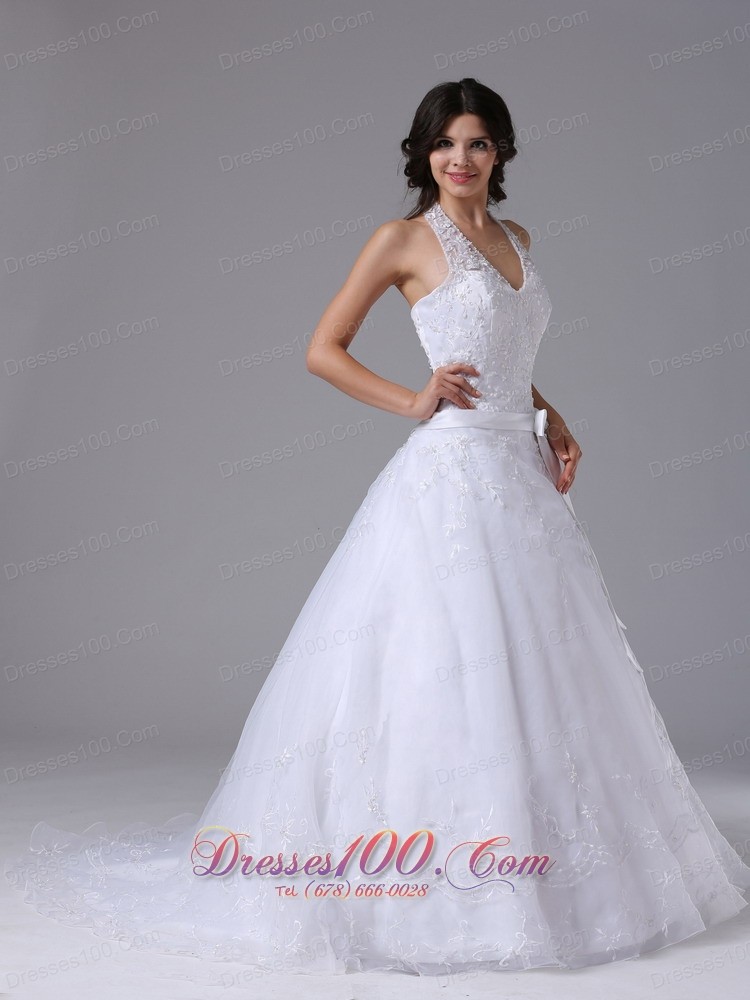 Lace Halter Sashed Court Train Wedding Dress