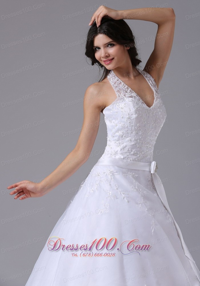 Lace Halter Sashed Court Train Wedding Dress