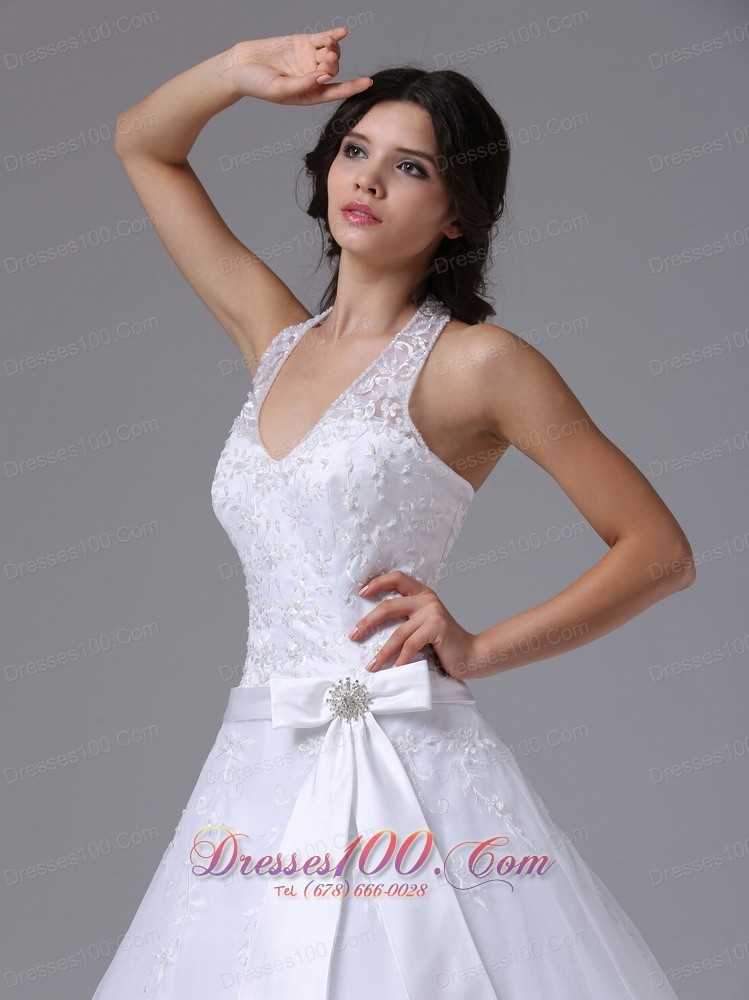 Lace Halter Sashed Court Train Wedding Dress