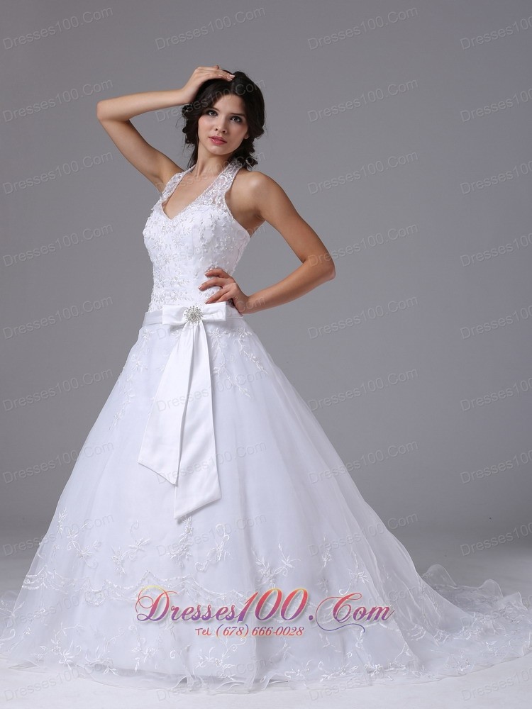 Lace Halter Sashed Court Train Wedding Dress