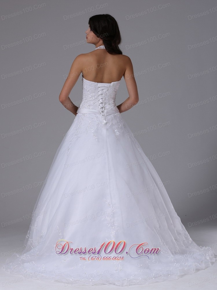 Lace Halter Sashed Court Train Wedding Dress