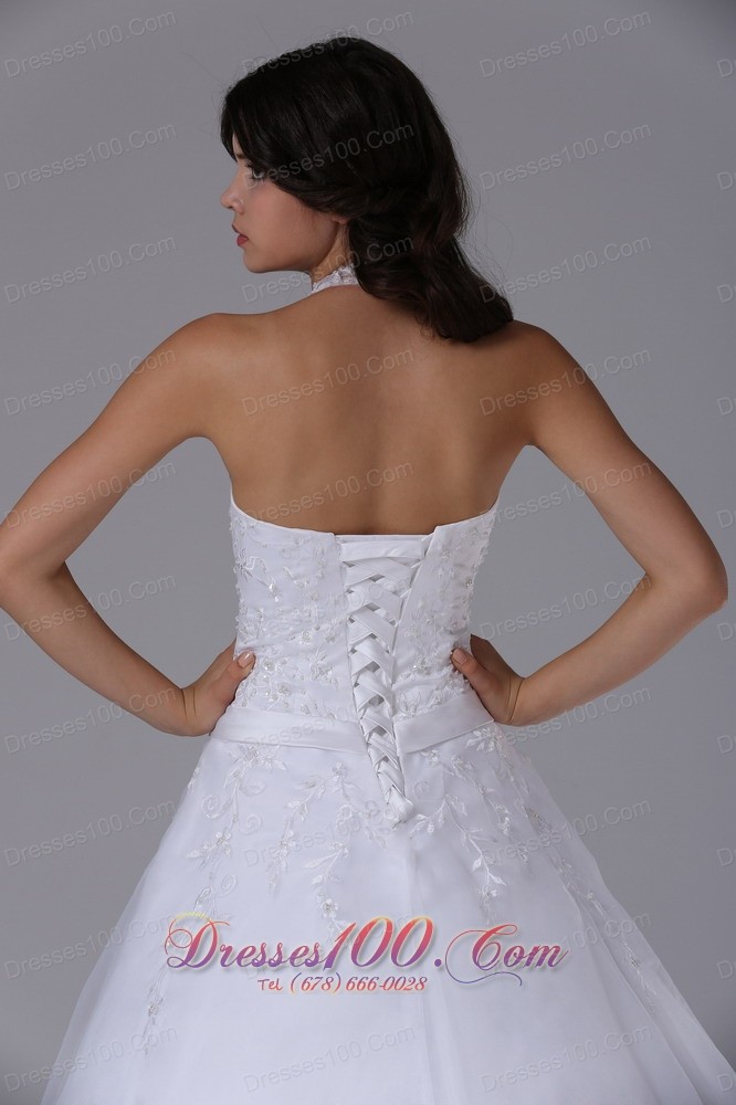Lace Halter Sashed Court Train Wedding Dress