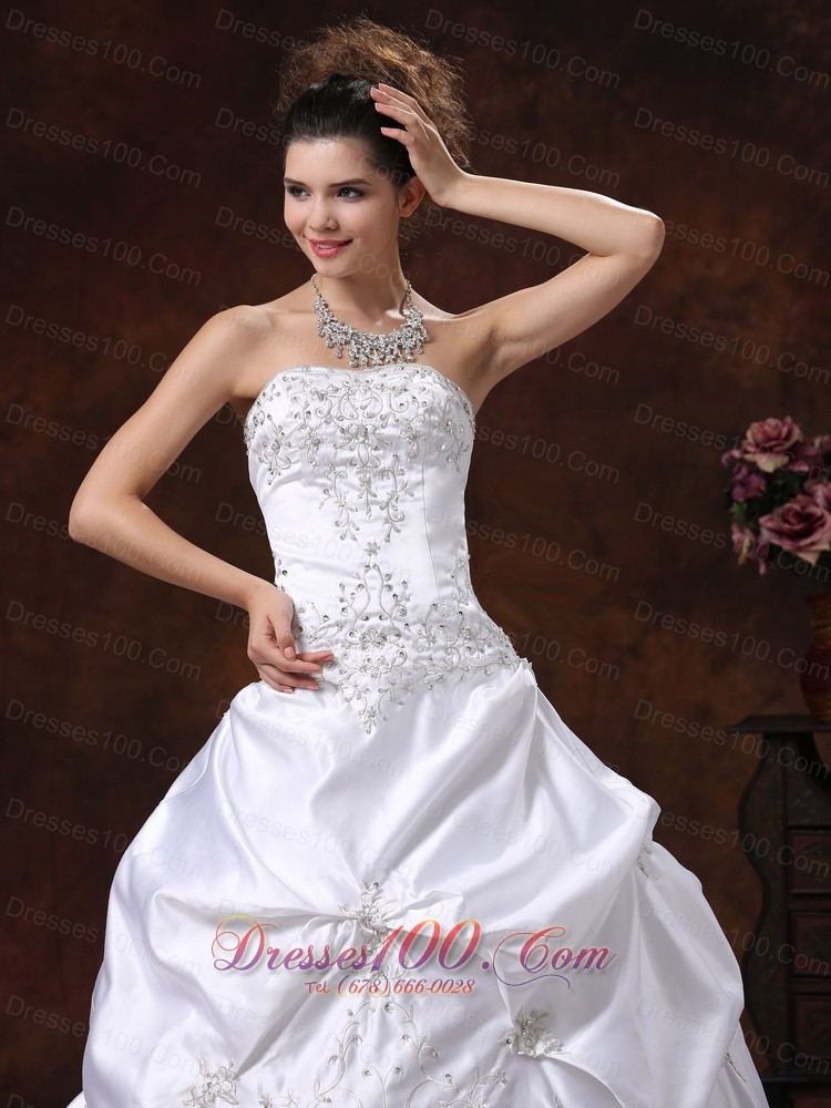 Satin Pick Ups Embroidery Brush Train Wedding Dress