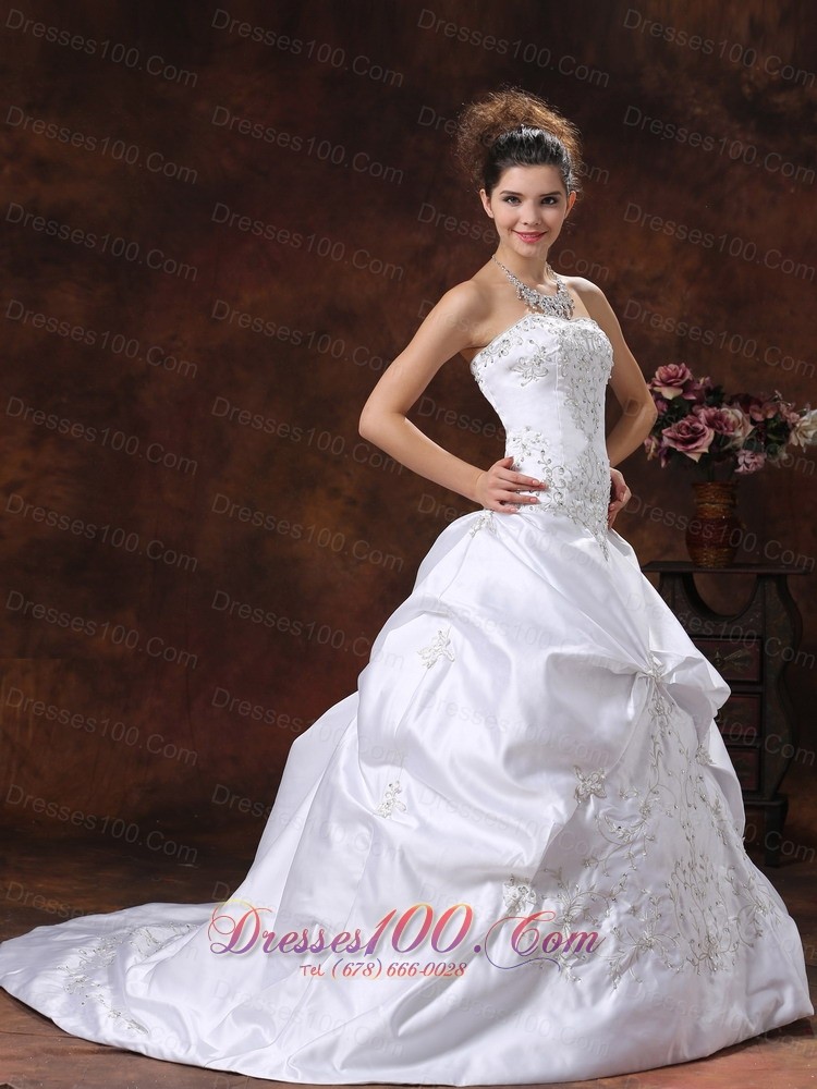 Satin Pick Ups Embroidery Brush Train Wedding Dress