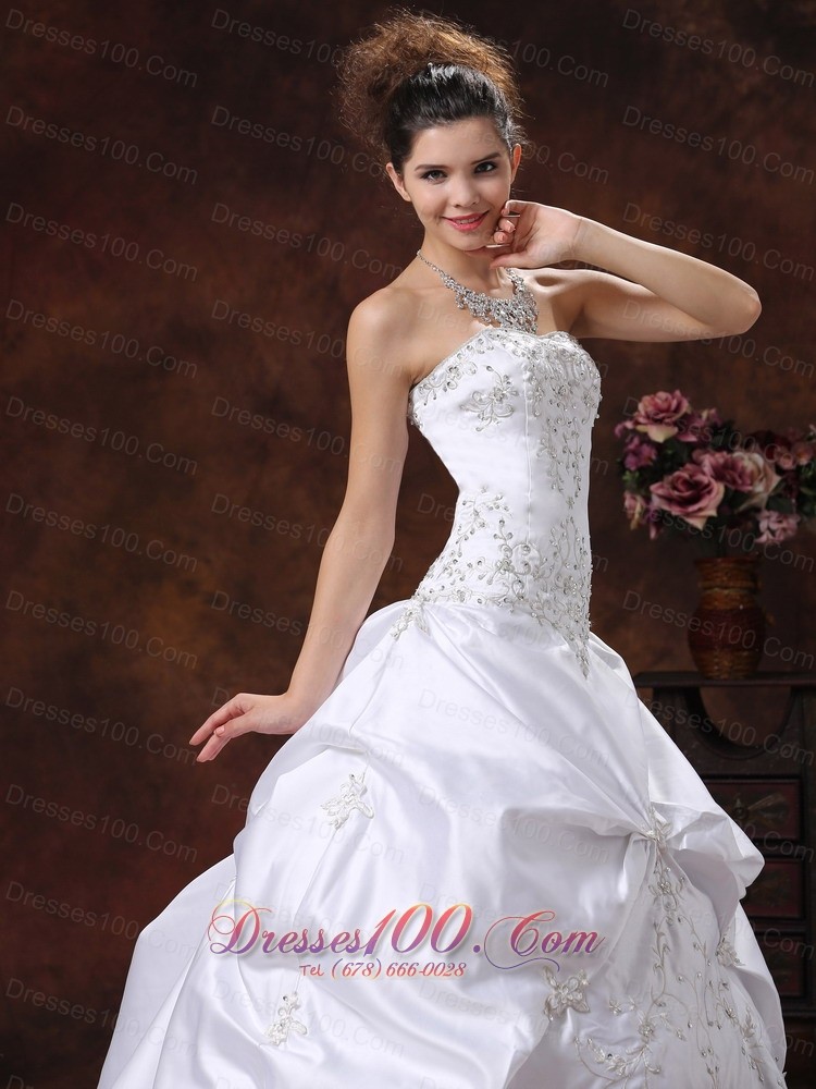 Satin Pick Ups Embroidery Brush Train Wedding Dress