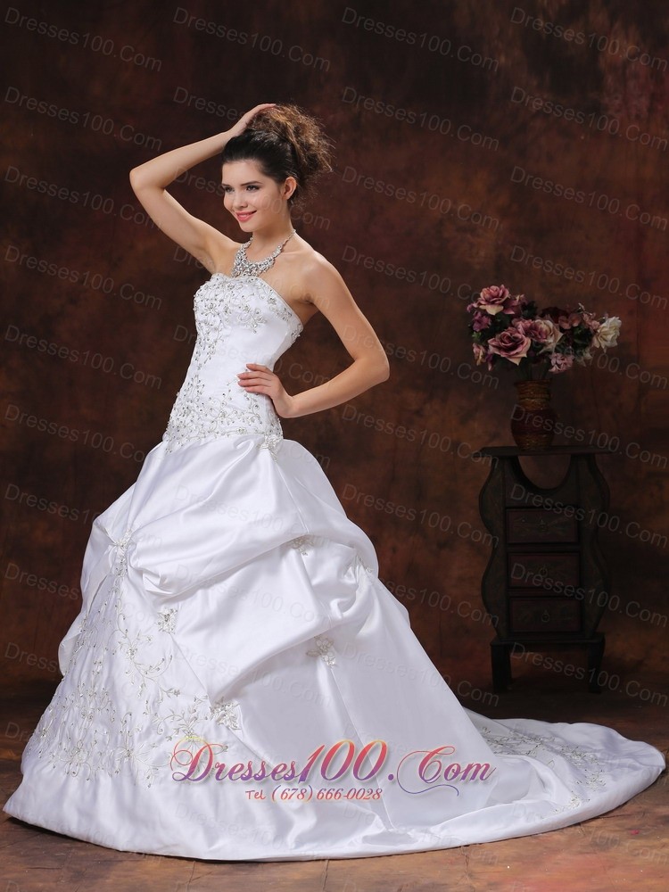 Satin Pick Ups Embroidery Brush Train Wedding Dress