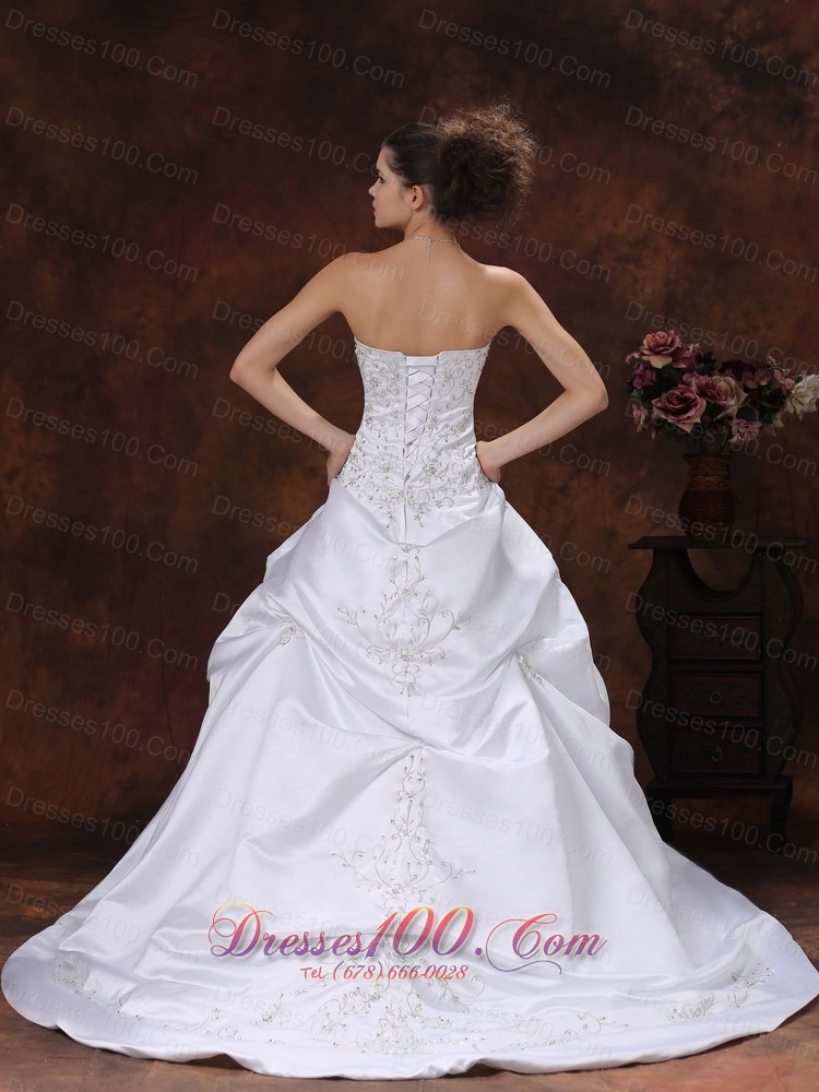 Satin Pick Ups Embroidery Brush Train Wedding Dress