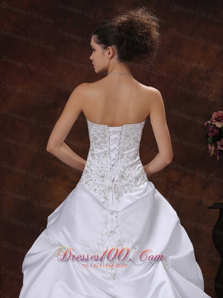 Satin Pick Ups Embroidery Brush Train Wedding Dress