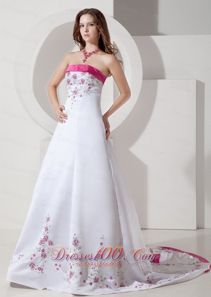 Hot Pink Embroidery Court Train Wedding Dress Colored