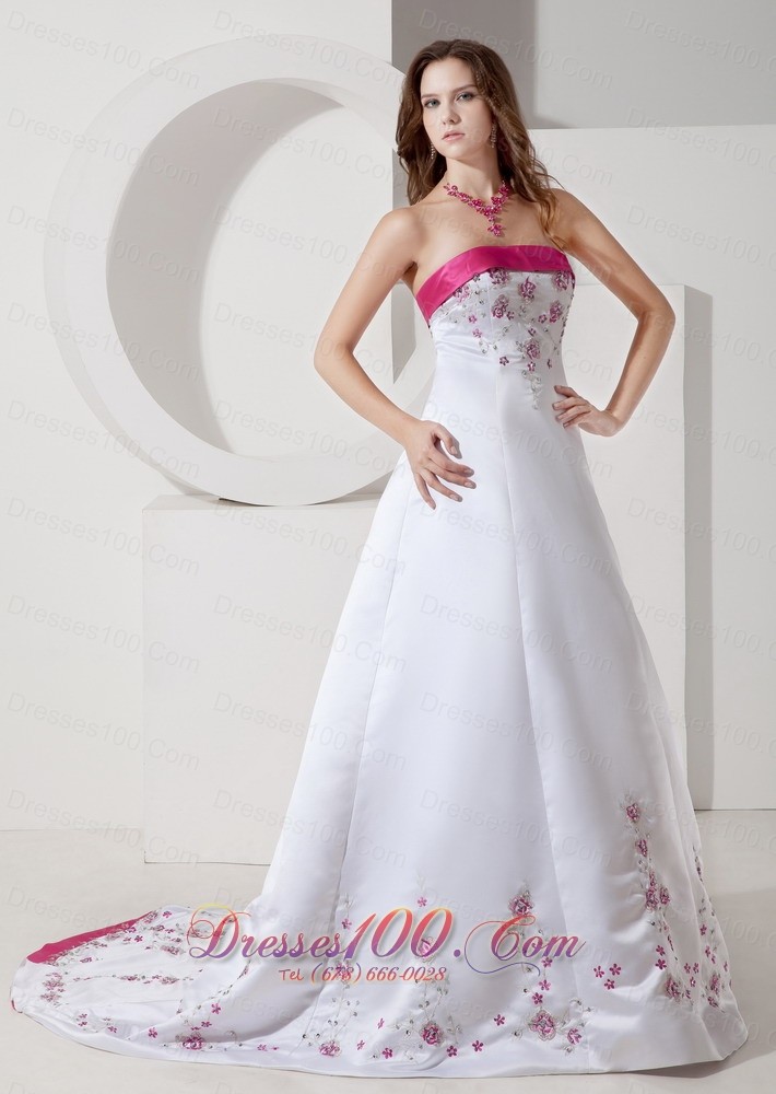 Hot Pink Embroidery Court Train Wedding Dress Colored
