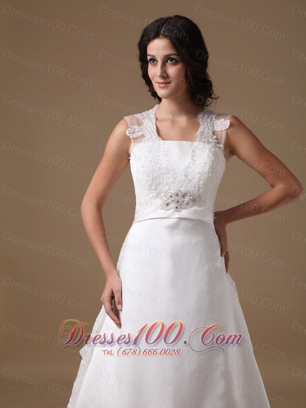 Square Lace Court Train Beaded Wedding Dress