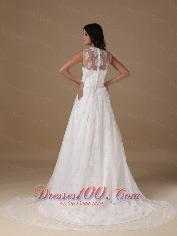 Square Lace Court Train Beaded Wedding Dress