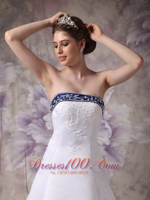 Satin Embroidery Chapel Train Wedding Dress With Color