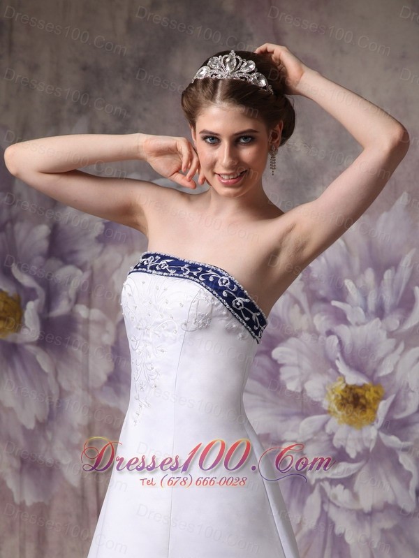 Satin Embroidery Chapel Train Wedding Dress With Color