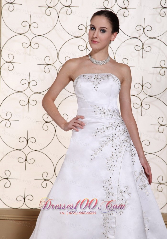 Court Train Embroidery Satin Beading Wedding Dress