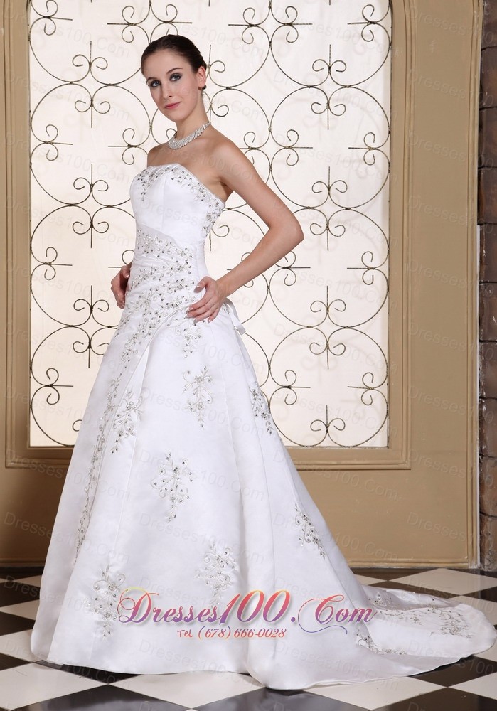Court Train Embroidery Satin Beading Wedding Dress