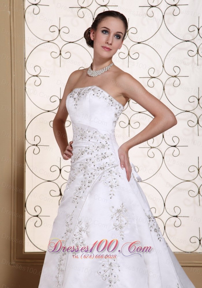 Court Train Embroidery Satin Beading Wedding Dress