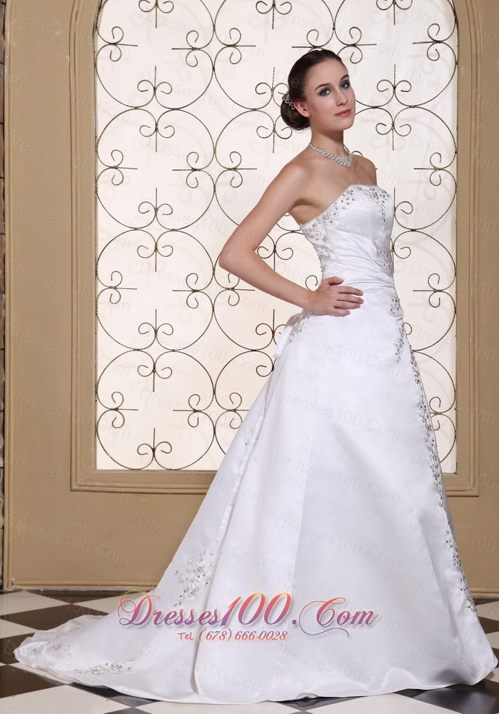 Court Train Embroidery Satin Beading Wedding Dress